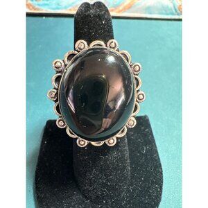 Sterling Silver 925 Large Black Onyx Statement Ring – Oval Cabochon – Scalloped